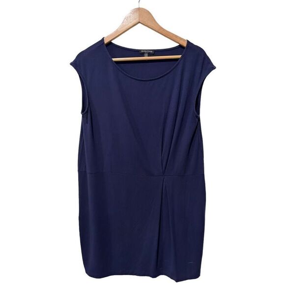 Eileen Fisher Pin Tuck Cap Sleeve Straight Hem Navy Blue Blouse PM MP Capsule - Picture 1 of 10
